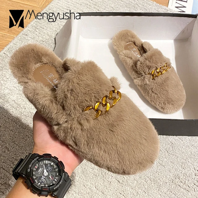 2023 Metal Chain mink fur mules women fur slides plush winter shoes woman  fur pantuflas cover toe furry slippers plus size 35-43 - AliExpress