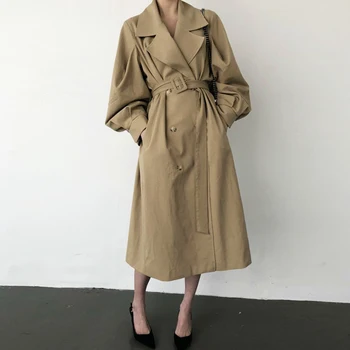 

Women's Autumn Winter Vintage Loose Over The Knee Medium Long Trum-down Collar Windbreaker Coat