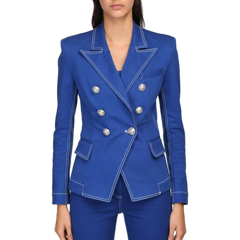 HIGH QUALITY New Fashion 2021 Designer Jacket Women's Top Stitching Contrast Lion Buttons Double Breasted Denim Blazer | Женская