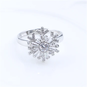 

S925 Sterling Silver Female Ring Luxury Classic Boutique Jewelry Zircon Snowflake Opening Jewelry