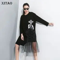 XITAO Сетчатое асимметричное платье миди с длинным рукавом, женское корейское модное платье с цветочной вышивкой, Осенний пуловер в стиле