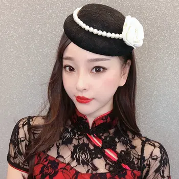 

England Ladies White Black Lace Pearl Fascinator With Hairpins Women Elegant Cocktail Evening Party Wedding Fedora Hat Headpiece