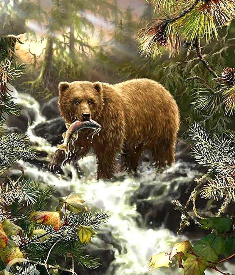 new 2020 5D DIY Diamond Painting Embroidery Cross Stitch Forest Bear Catch Fish Crystal Needlework Full Decorative | Дом и сад