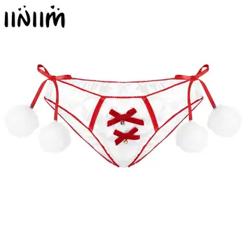 

Womens Ladies Christmas Satin Lingerie Panties Briefs Thong Underwear Front Bowknot Bell Side Fuzzy Ball Decor Underwear