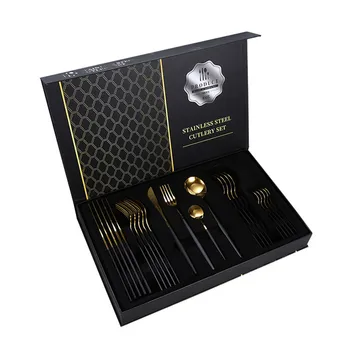 

24pcs Gold Tableware Cutlery Set Dinnerware Mirror Matte Stainless Steel Table Forks Spoons Knifes Dinner With Gift Box Kitchen