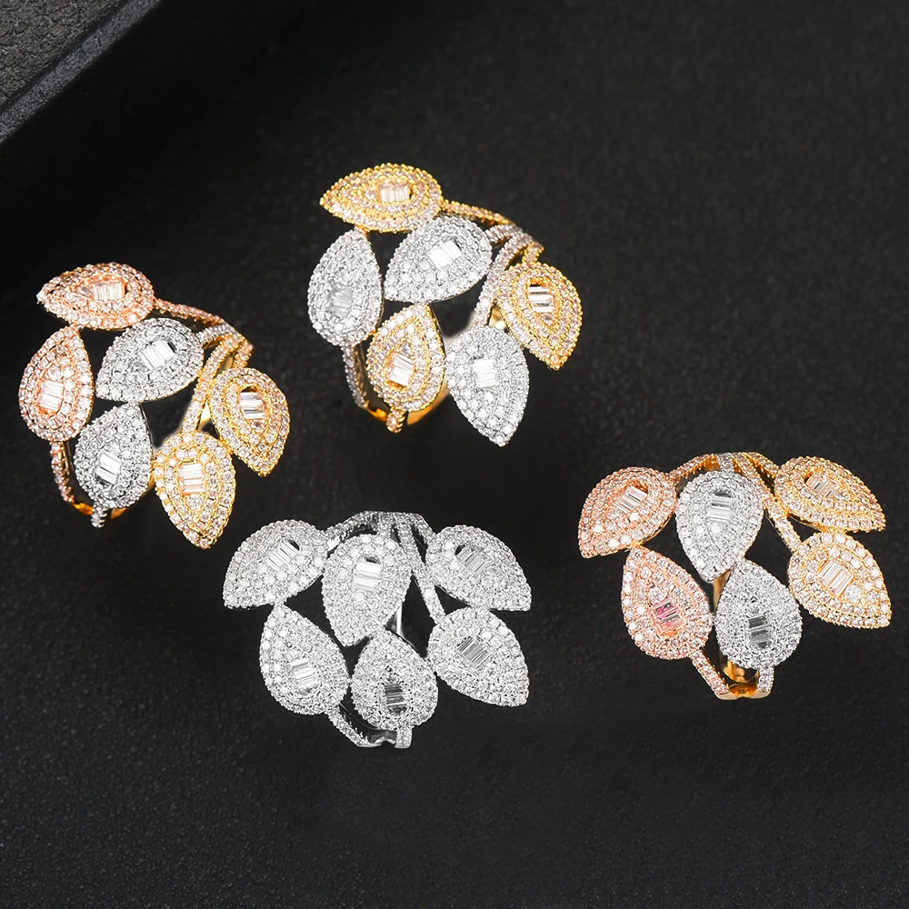 

KellyBola 4 Colors DUBAI Luxury Stackable Leaf Rings For Women Wedding Cubic Zircon Engagement Dubai Shiny Bridal Finger Rings
