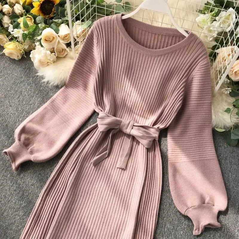 ALPHALMODA, осень, Женский пуловер с длинным рукавом и поясом, Повседневное трикотажное платье, длина до колена, однотонное простое зимнее платье-свитер