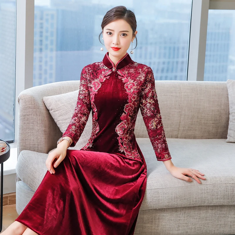 Китайское стильное длинное элегантное платье cheongsam, Восточное винтажное платье с цветочной вышивкой, улучшенное женское облегающее платье aodai - Цвет: color2