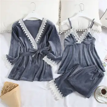 

Women Autumn Winter Flannel Warm Sleepwear Suits Patchwork White Lace Simple Pajama Sets
