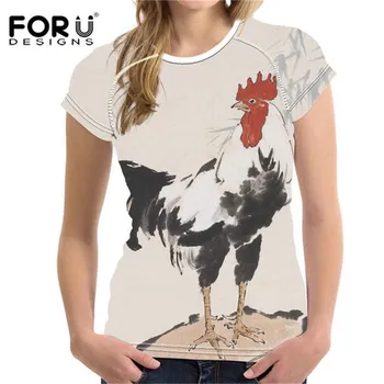 

FORUDESIGNS 2019 Fashion Women T-Shirt Crop Tops Chicken Prints T Shirt Woman Short-sleeved Shirt For Girls Wolf Roupa Feminina