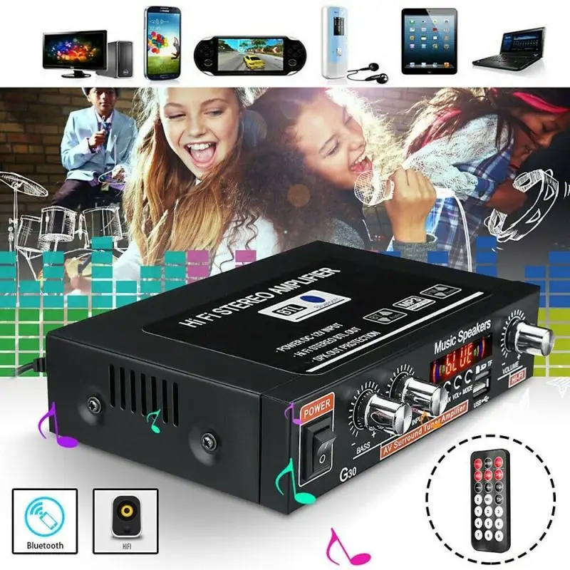

G30 800W Car & Home Digital Amplifier HIFI Bluetooth Stereo Audio AMP FM MP3 AUX US/EU 2 Channel With Remote Control