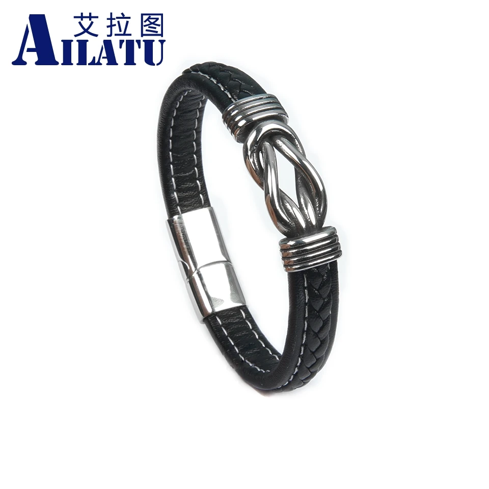 Ailatu, новинка, натуральная широкая кожа, уникальный в форме узла, мужской браслет с магнитной пряжкой, мужской браслет, подарок на день рождения