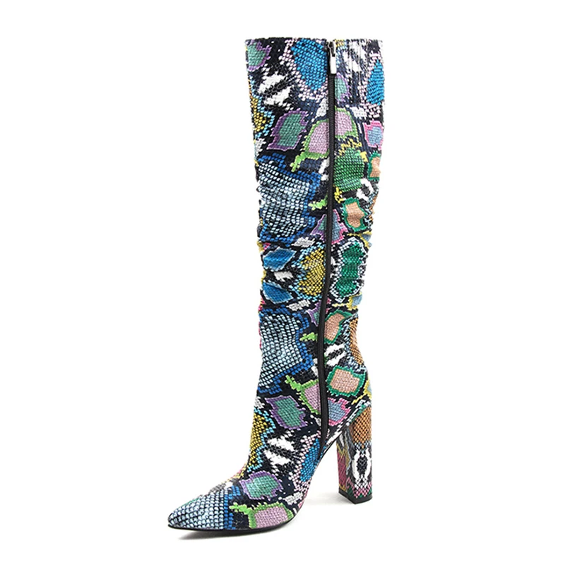 

Plus Size 36-41 European Women Boots Snake Print High Heels Knee High Pleated Ladies Boots Female Shoes Woman