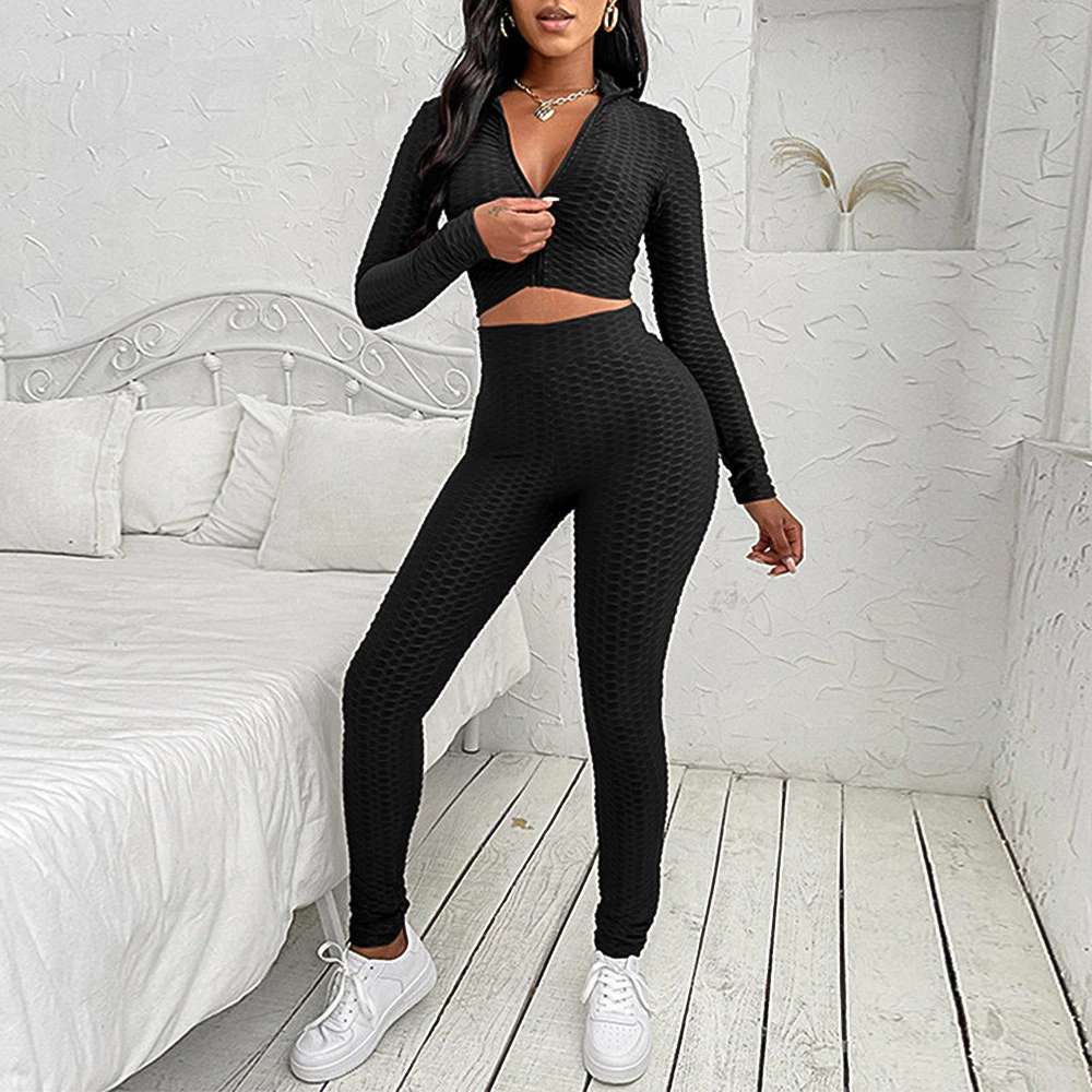 Women's Fitness Set Textured Long Sleeves Zipper Sports Crop Shirts Hip-up Leggings 2 Pcs Running Gym Sets Women's Tracksuits plus size suits for women