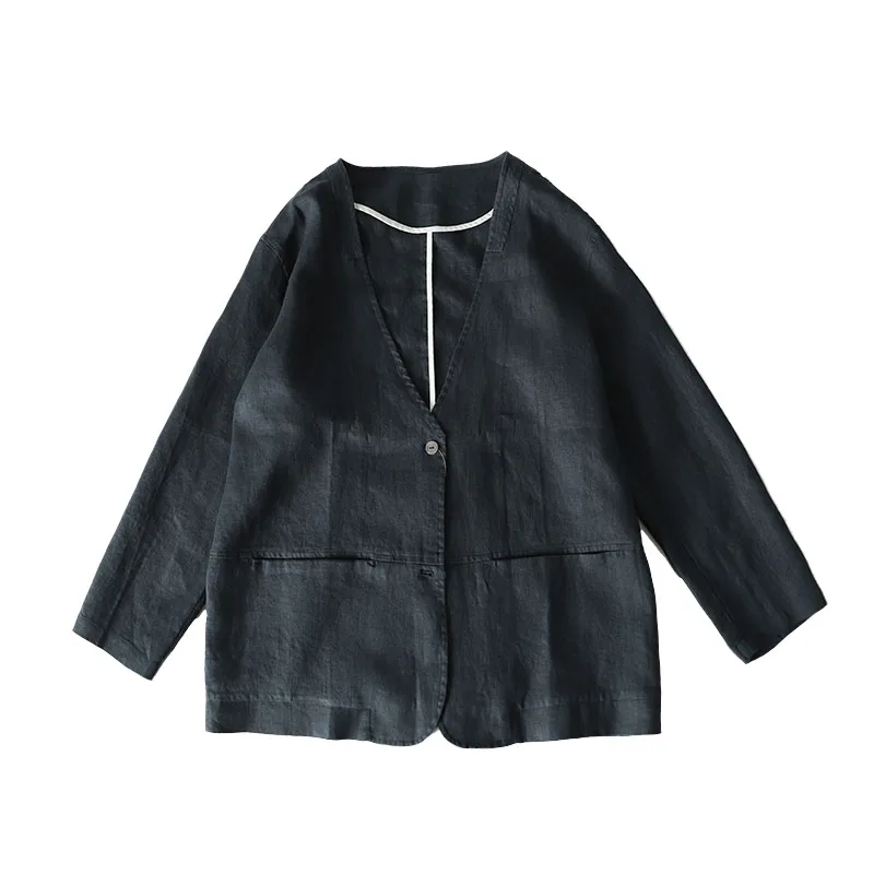 

Spring Autumn New Women Loose Casual Plus Size Long Soft Japanese Style Comfortable Water Washed 9*9 Linen V-neck Coats Blazer