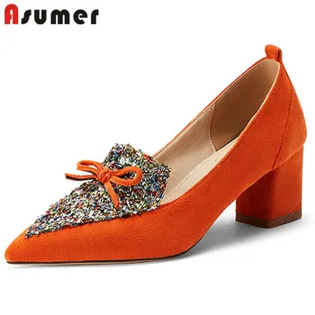 

ASUMER 2020 new arrival women pumps flock sequined pointed toe spring summer single shoes elegant party wedding shoes woman