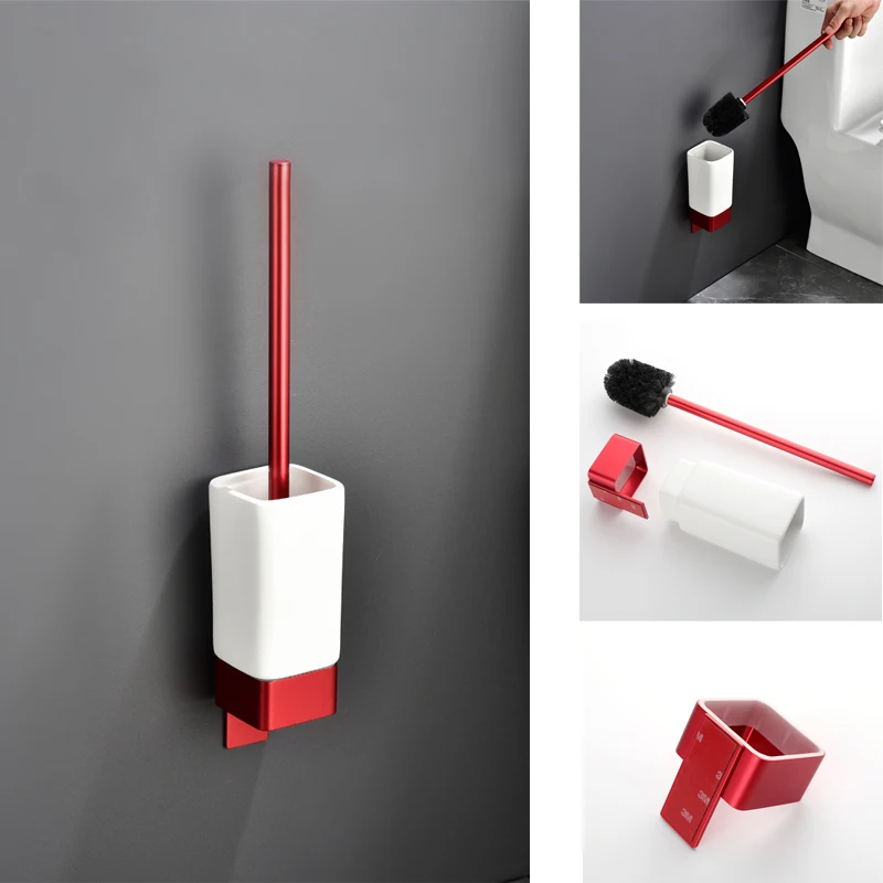 Aluminum Bathroom Accessories Sets 3M Tape Toilet Brush Holder Ceramic Toilet Roll Paper Holder Red Robe Hook Towel