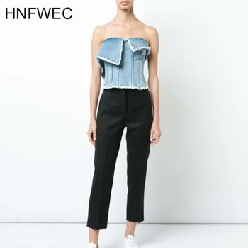 

2019 New Spring And Summer Fashion Women Clothes Denim Asymmetrical Tassels Heavy Washed Female Wrapped Bust R145