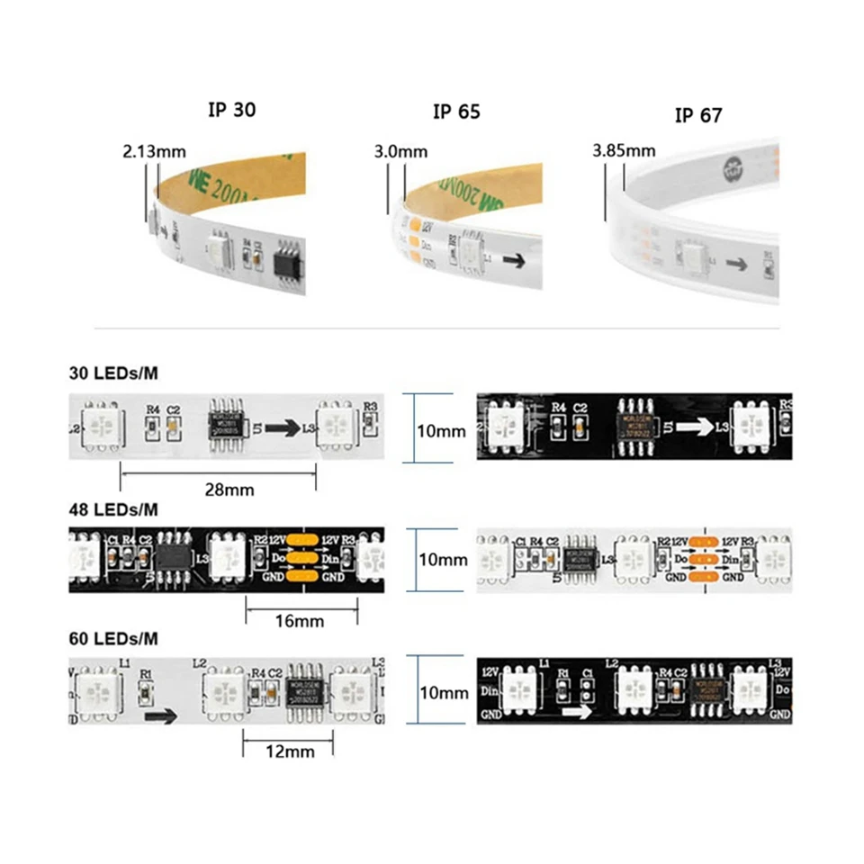 DC12V 5 м 30/48/60 светодиодов/m 5050 SMD RGB WS2811 смарт-пикселей светодиодные полосы адресуемых WS2811IC черный/белый печатных плат