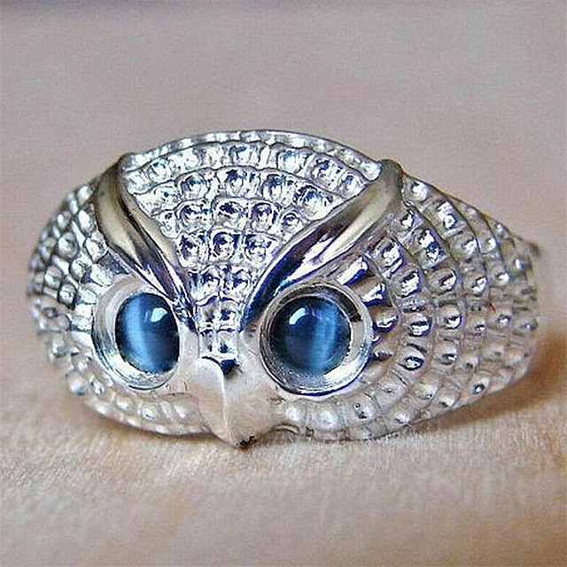 Rhinestone Owl Ring Blue Eyes Simple Style Girl Woman Popular Ring Fashion Men Jewelry Gifts Adjustable