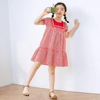 

YourSeason 2020 Summer Kids Girls Cotton Stripe Dress Korean Style Teeen Girl Fashion Patchwork Casual Loose Red Dresses