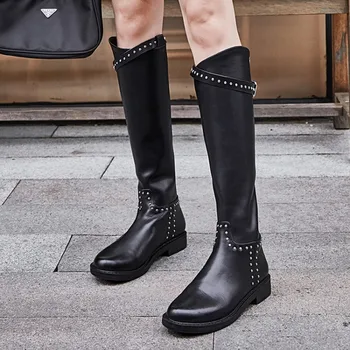 

PXELENA Goth Rivet Genuine Leather Knee High Riding Boots Women Low Heels Military Combat Biker Motorcycle Boots Autumn Winter