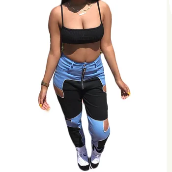 

Fashion Street Wear Women Hole Tight Jeans Hollow Out Blue Black Splicing Pencil Pants 2020 Cool Skinny Denim Long Trousers