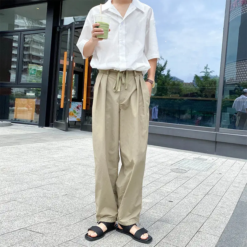 

Korean Straight Pants Men's Fashion Solid Color Drawstring Casual Pants Men Streetwear Wild Loose Dress Pants Mens Trousers