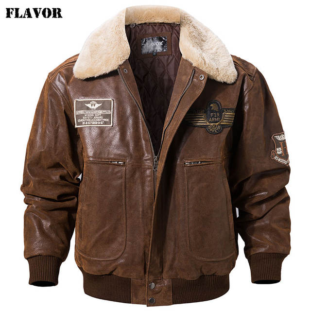 New Men Real Leather Bomber Jacket With Removable Fur Collar Genuine Leather Pigskin Jackets Winter Warm Coat Men