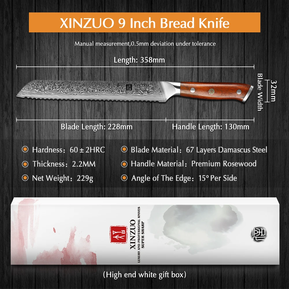 XINZUO 9 ''дюйма хлеб Ножи 67 слоев из дамасской стали Одежда высшего качества