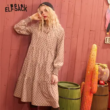 

ELFSACK Apricot Polka Dot Neckerchief Casual Dresses Women 2020 Spring Vintage Ruched Lantern Sleeve A Line Ladies Daily Dress