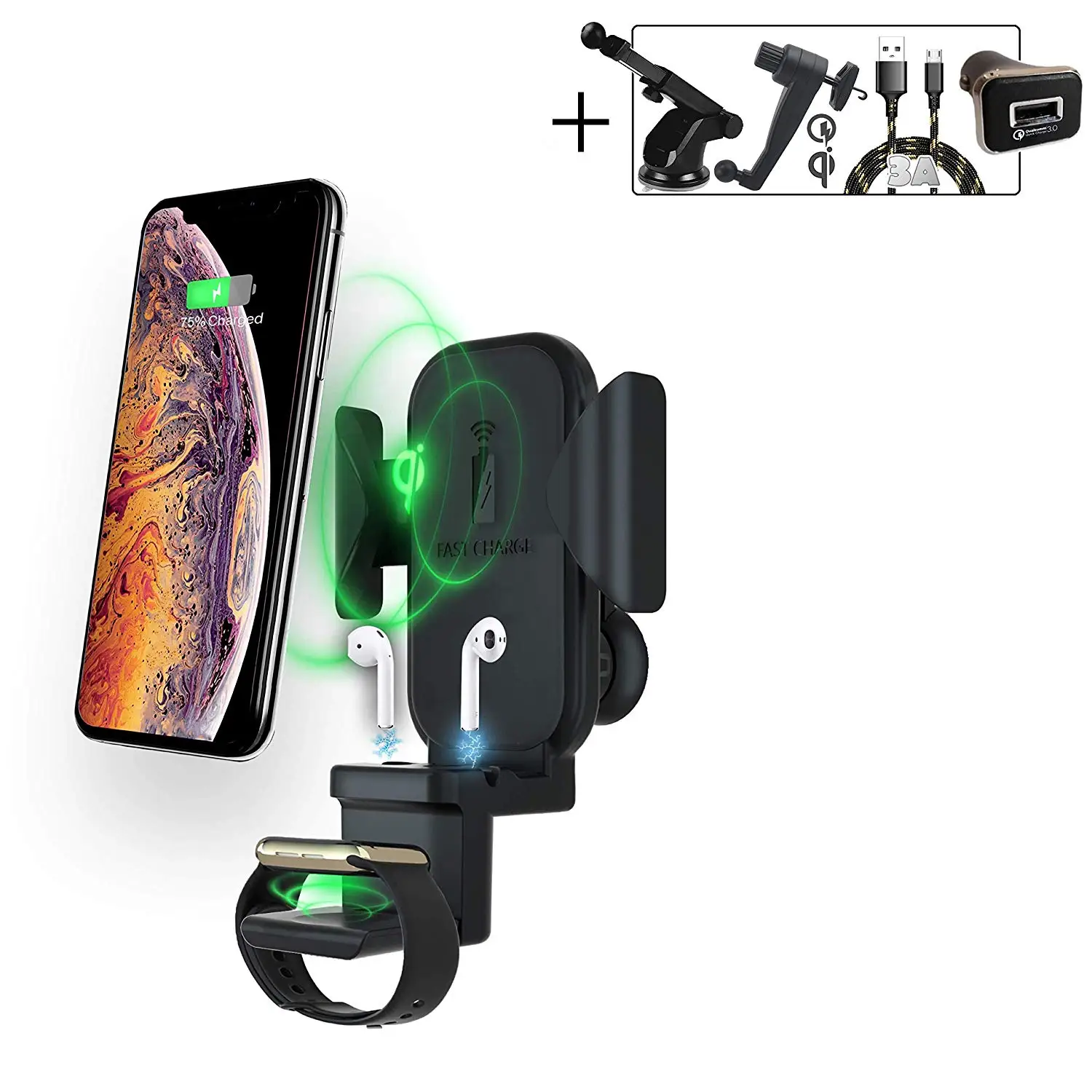 

3 in 1 Wireless Car Charger Apple Watch charger iPhone Airpods Apple,Qi wireless charger Apple Airpods charging station