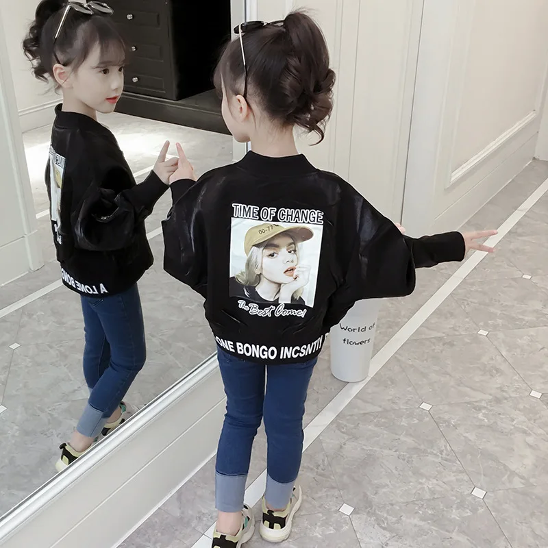 

2019 Spring New Style Casual Kids' Jacket Girls Big Boy Back Avatar Printed Bat Coat