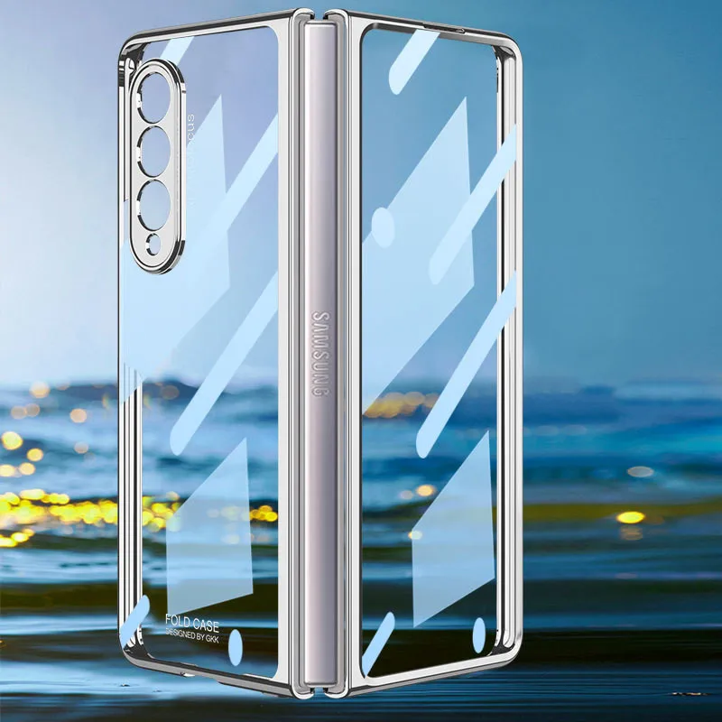kawaii samsung cases Front Tempered Glass Transparent Case for Samsung galaxy Z Fold 3 5G Cover Plating Frame Hard Clear S Pen Slot Holder Back Case best case for samsung Cases For Samsung