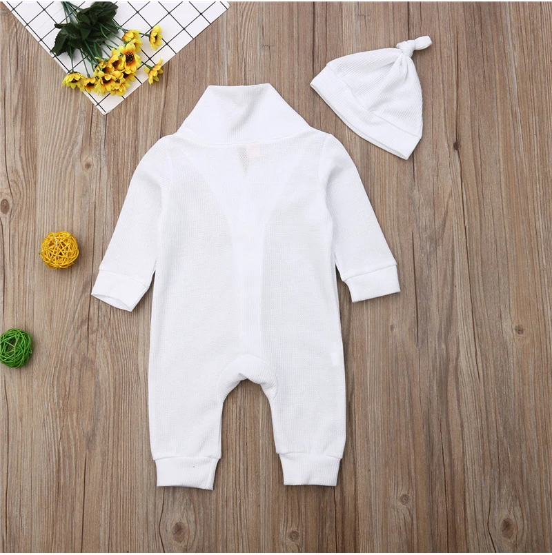 Одежда для новорожденных мальчиков и девочек от 0 до 18 месяцев белый комбинезон с длинными рукавами и пуговицами Милый хлопковый комбинезон милая одежда