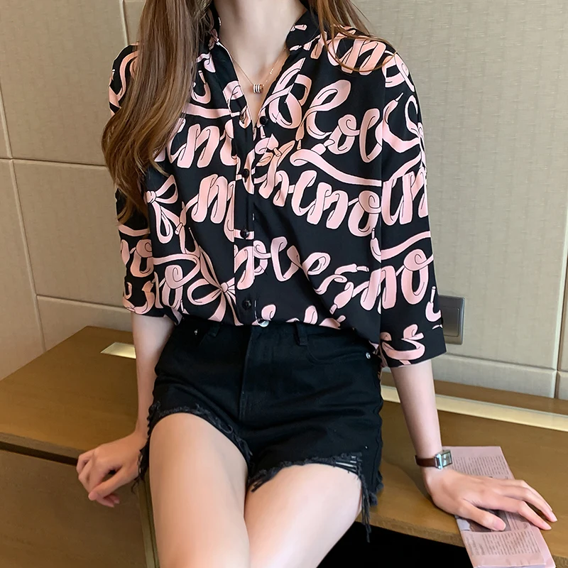 2020 Summer Pink White Shirt Women Modis Print Blouse Female Streetwear Casual Tops Short Sleeve Women Loose Blouses Oversized