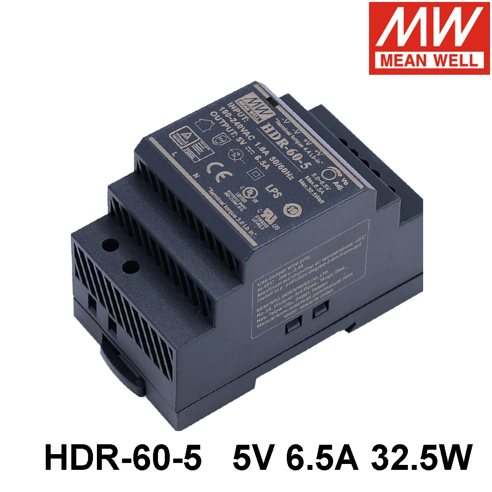 

MEAN WELL HDR-60-5 85-264V AC To DC 5V 6.5A 32.5W Single Output Din Rail Switching Power Supply Meanwell Driver