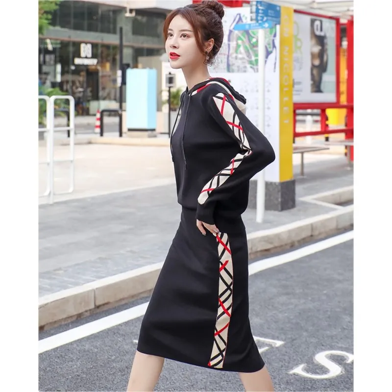 

New Woman Winter Knitted Suits Hoody Sweater A-line Skirt Set for Woman Female Casual Two-pieces Sets