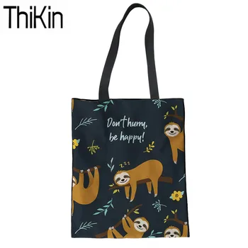 

THIKIN Women's Cute Sloth Printing Bag for Shopping Ladies Linen Tote Bag Females Foldable Shopping Bags Girls Large Book Bag