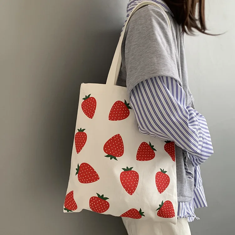 

New Women Canvas Tote Bag Eco Shopping Bag Large Capacity Strawberry Printing Shoulder Bag For Women Female Foldable Handbag