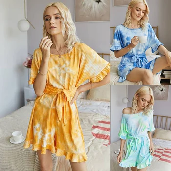 

Women Casual Sleepwear Jumpsuit Tie-Dye Tops Shorts Bow Belt Rompers Off Shoulder Home Clothes