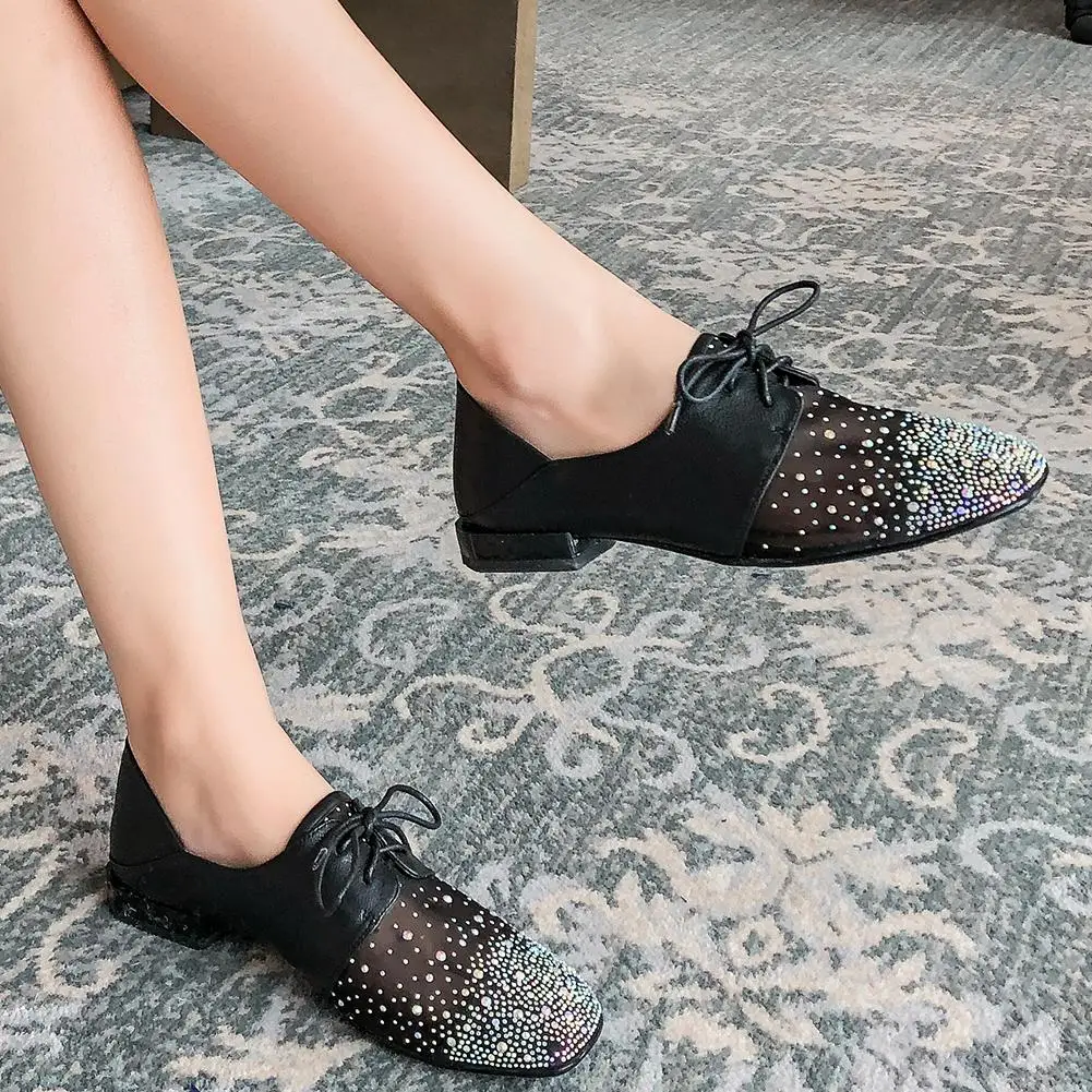 

Doratasia New Arrivals Genuine Leather Square Toe Lace-Up Casual Shoes Woman Flats Shallow Crystal Spring Flats Women Shoes