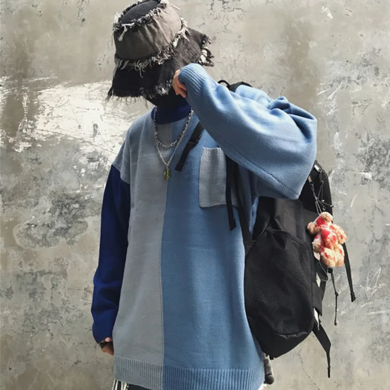 Winter Turtleneck Sweater Men's Warm Fashion Contrast Casual Knit Pullover Men Streetwear Hip Hop Knitting Sweaters Male Clothes