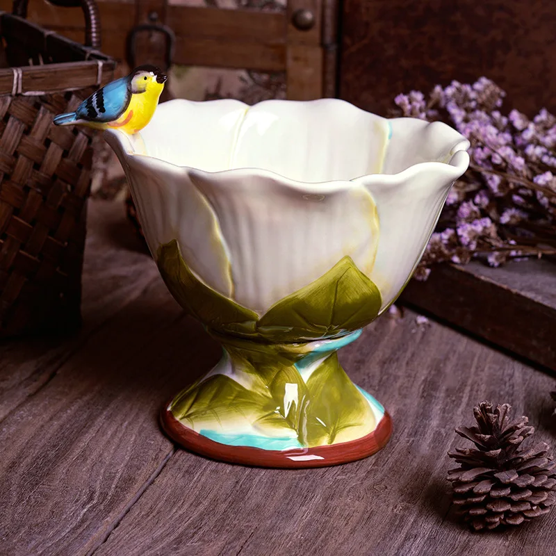 

European Hand-painted Bird Ceramic Fruit Plate Fruit Cup Relief Tableware Painted Fruit Basket Decoration Home Storage Gift Box