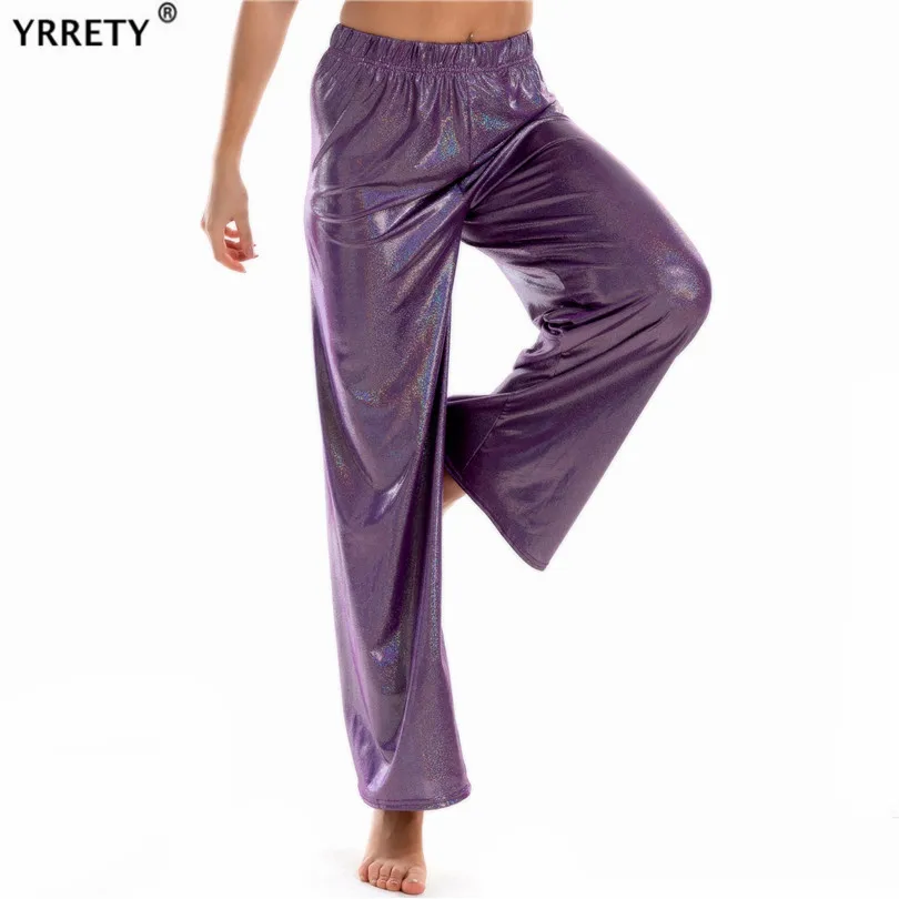 

YRRETY Summer Wide Leg Pants For Women Casual Elastic High Waist Fashion Loose Long Pants Pleated Shiny Metallic Trousers Femme