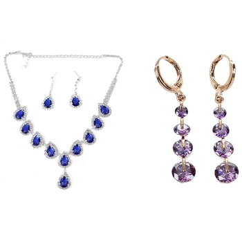 

Women Rose Gold Plated CZ Stone Pierced Dangle Drop Earrings Purple & Necklace Earrings Jewelry Set Waterdrop Shape