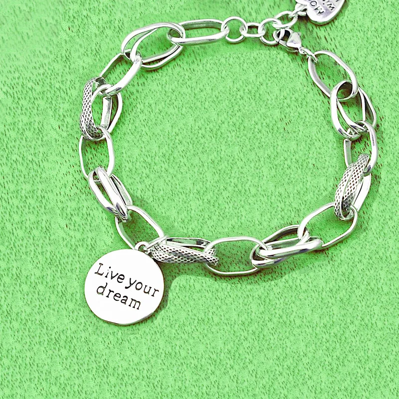 

2021Korean New Style Silver Plated Live Your Dream Pendant Bracelet Retro Thick Chain Round Wafer Letter Bracelet Female Jewelry