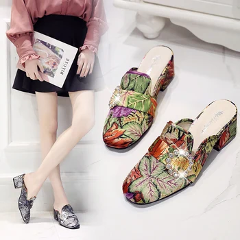 

Fashion Women Lady Flowery Pattern High Chunky Heels Half Crystal Female Scuff Mules Platform Casual Slippers Slides Shoes