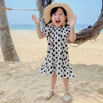 

3632 Summer New Baby Kids Dress Bubble Sleeve Ruffle Polka Dot Dress for Girl 2-7years Children Holidy Clothing Beach Wear