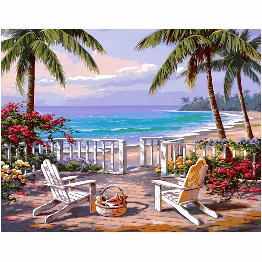 

2019 Frameless Beach Flowers DIY Digital Oil Painting Paint By Number Canvas Artwork Wall Room Home Decor